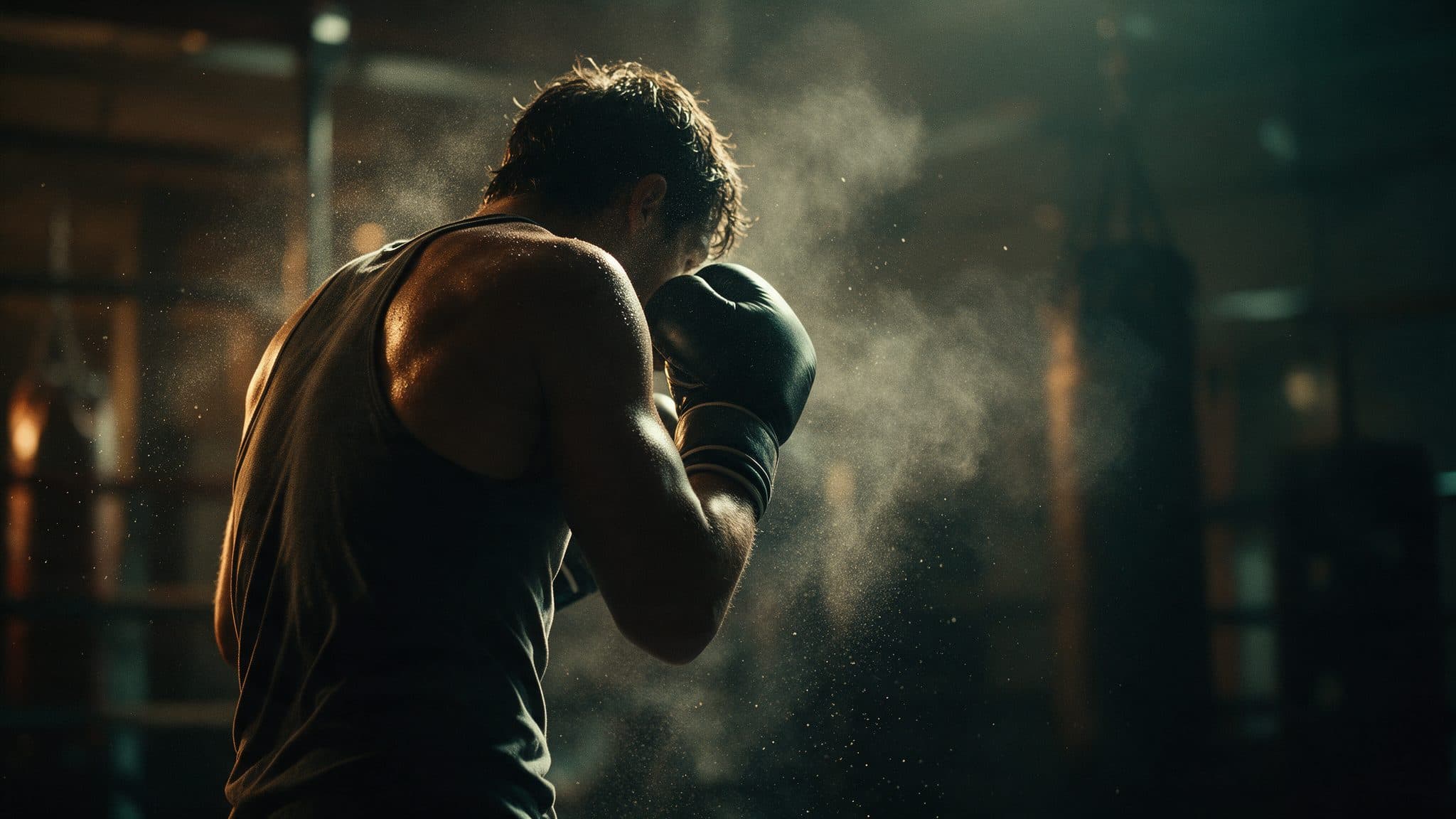 Combat sports athlete training in dramatic gym lighting