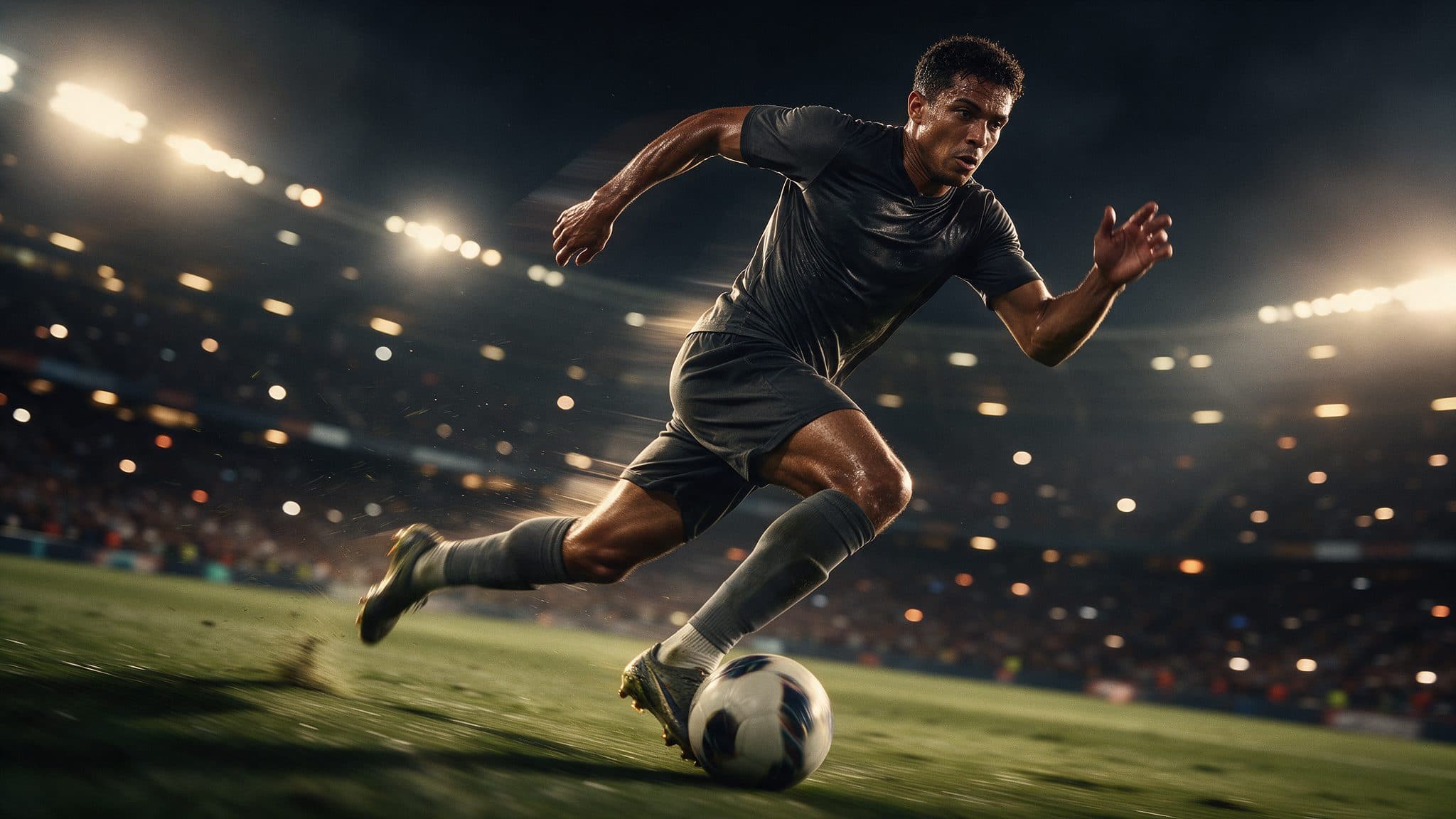 Footballer at full sprint under stadium floodlights